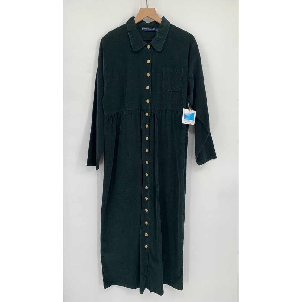 Vintage Mountain Lake Dress Womens Large Green Corduroy Long Sleeve Button NEW
